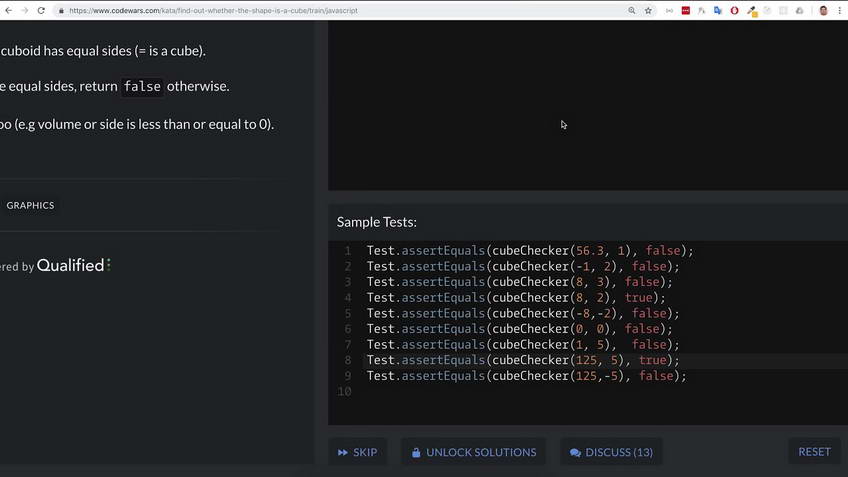 Codewars kata: Find out whether the shape is a cube