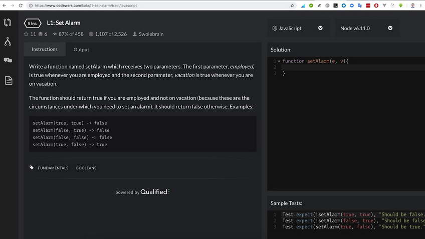 Solving JavaScript exercises. Codewars: SetAlarm