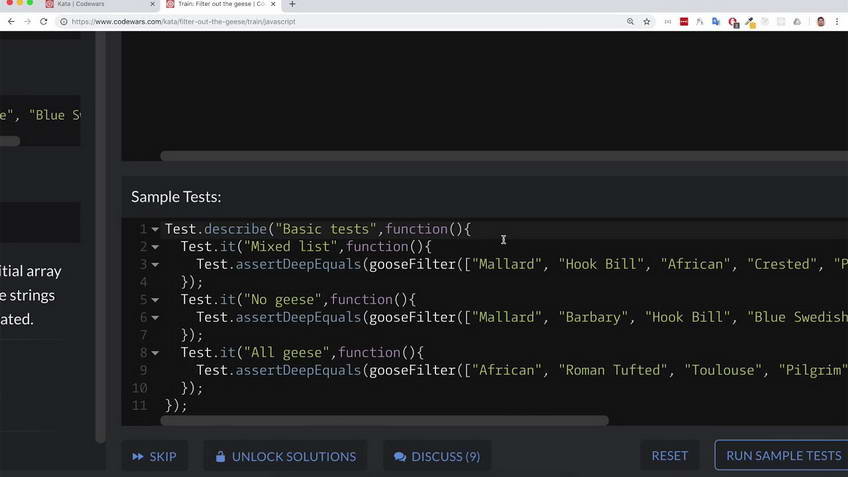 Codewars kata: Filter out the geese