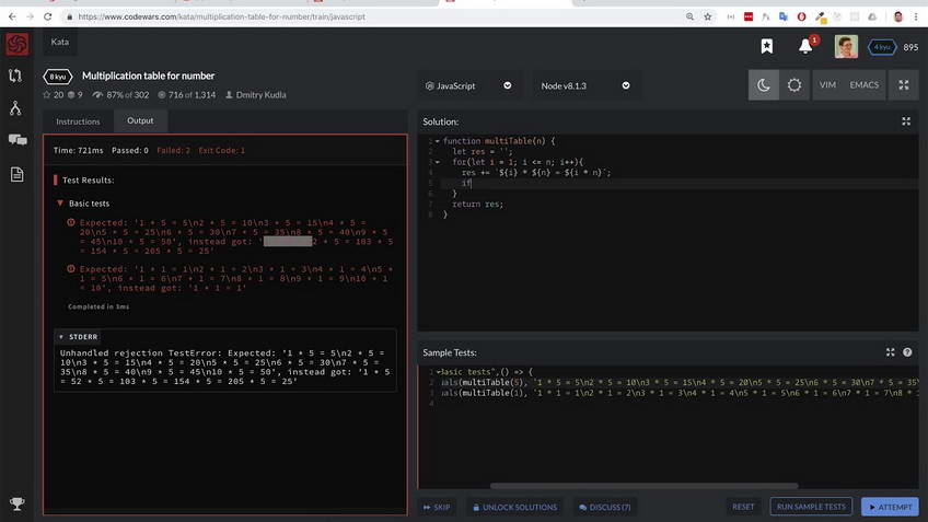 Codewars kata: Multiplication table for number