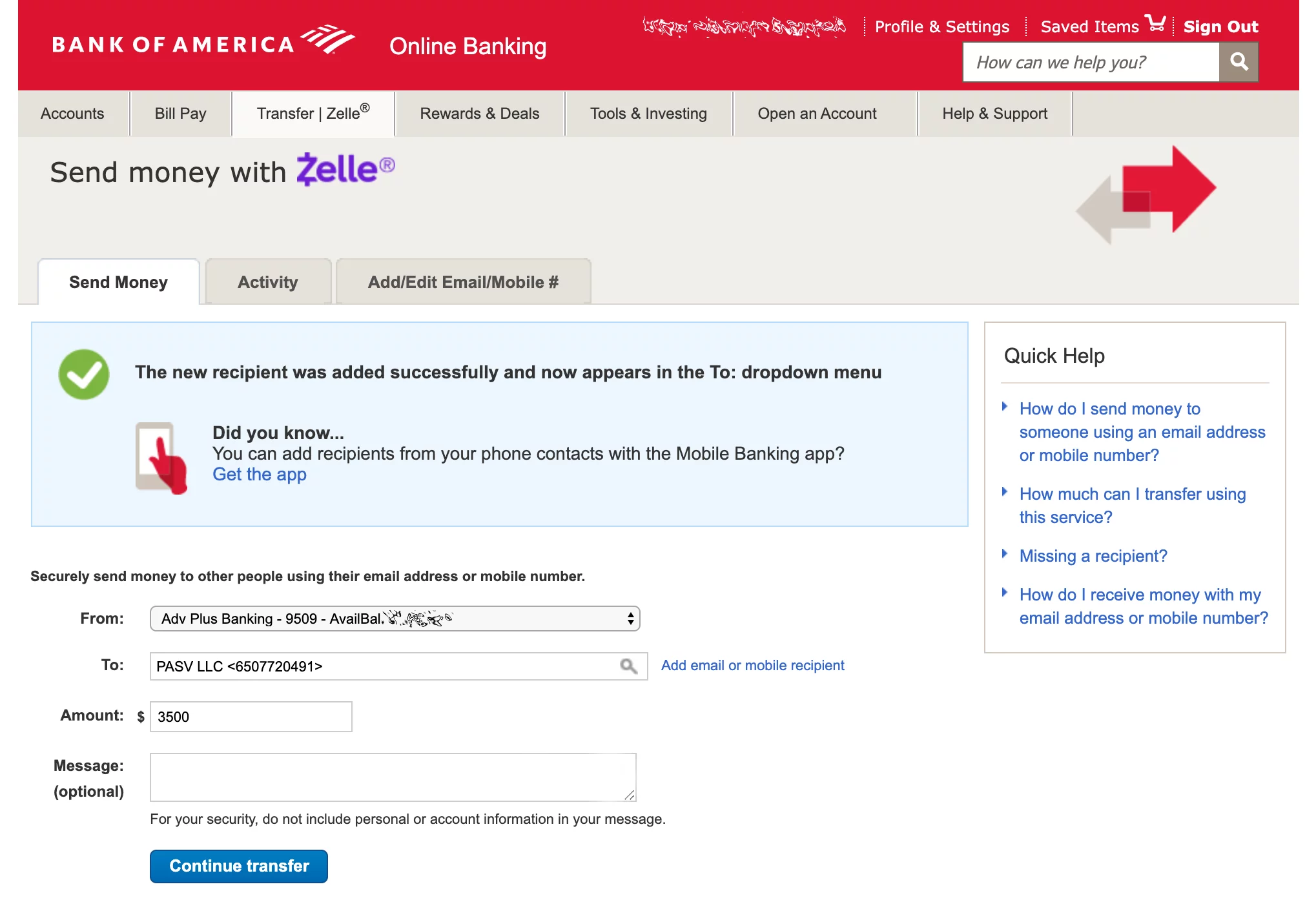 Форма создания контакта в Zelle